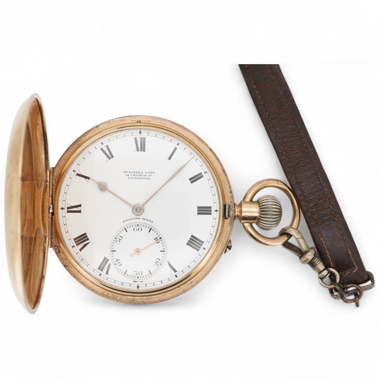 A George V 9ct gold hunter keyless lever pocket watch, by Russells Ltd of Liverpool, with Roman dial and subsidiary seconds, case diameter 48mm, gross weight 89 grams, with a leather suspension strap with rolled gold T-b